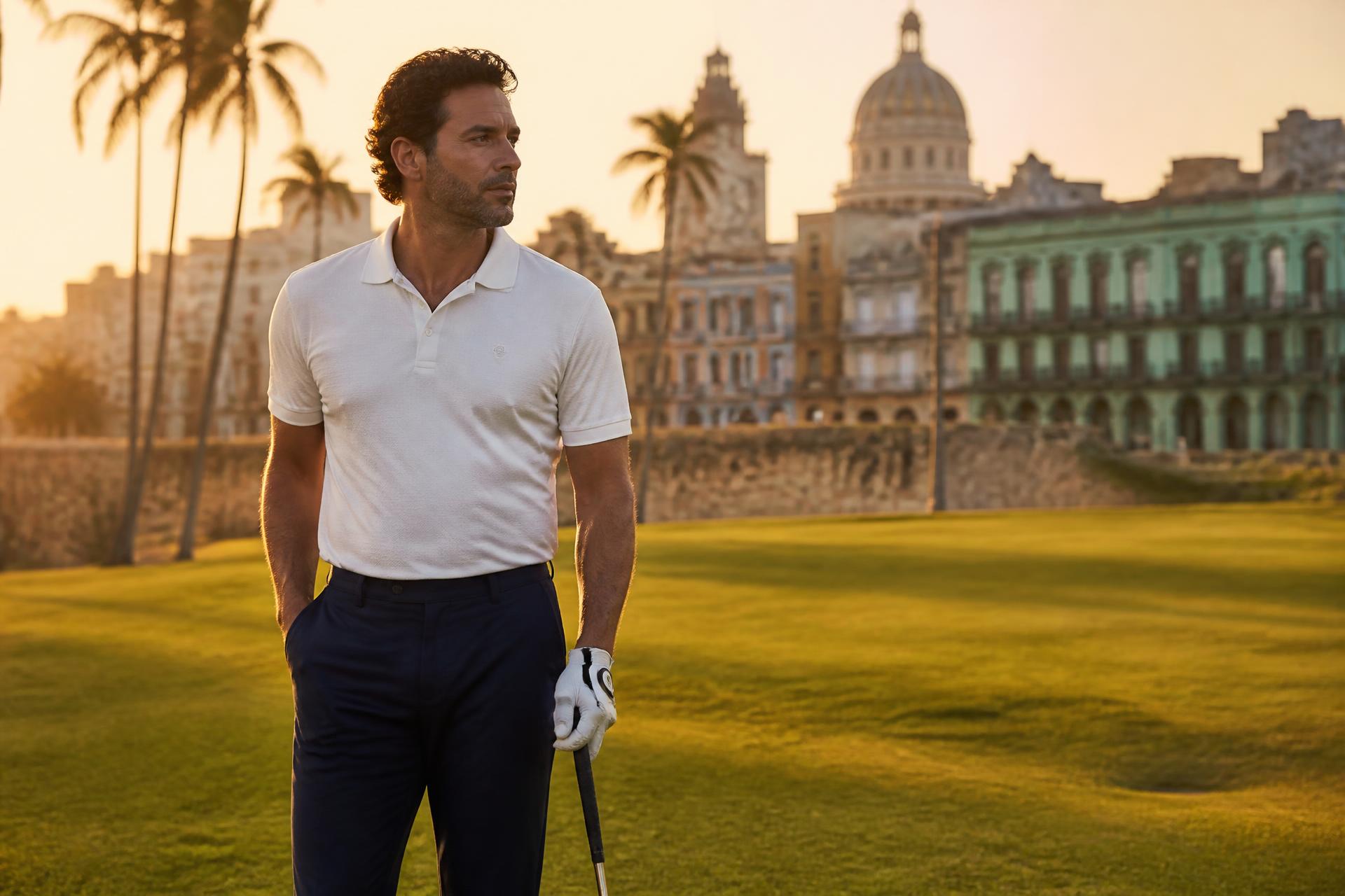Golfer in Azucar menswear on a Havana fairway at sunset